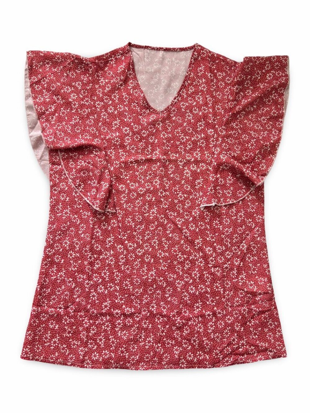 Women’s Red Floral Flutter Sleeve Blouse L Cottagecore Boho Top V Neck Preppy